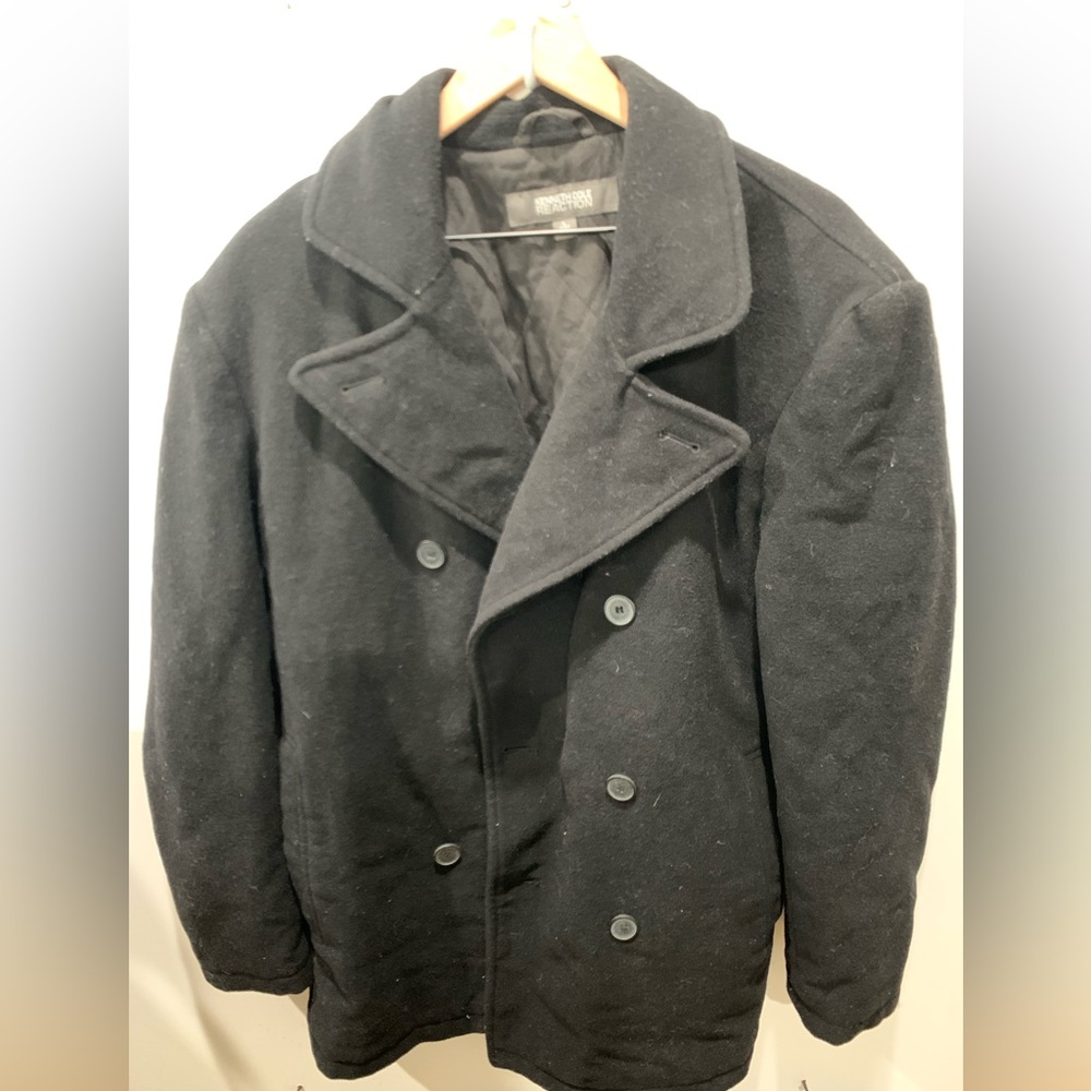 Kenneth Cole BlackWool Double Breasted Coat Mens Size Large Mid Length.